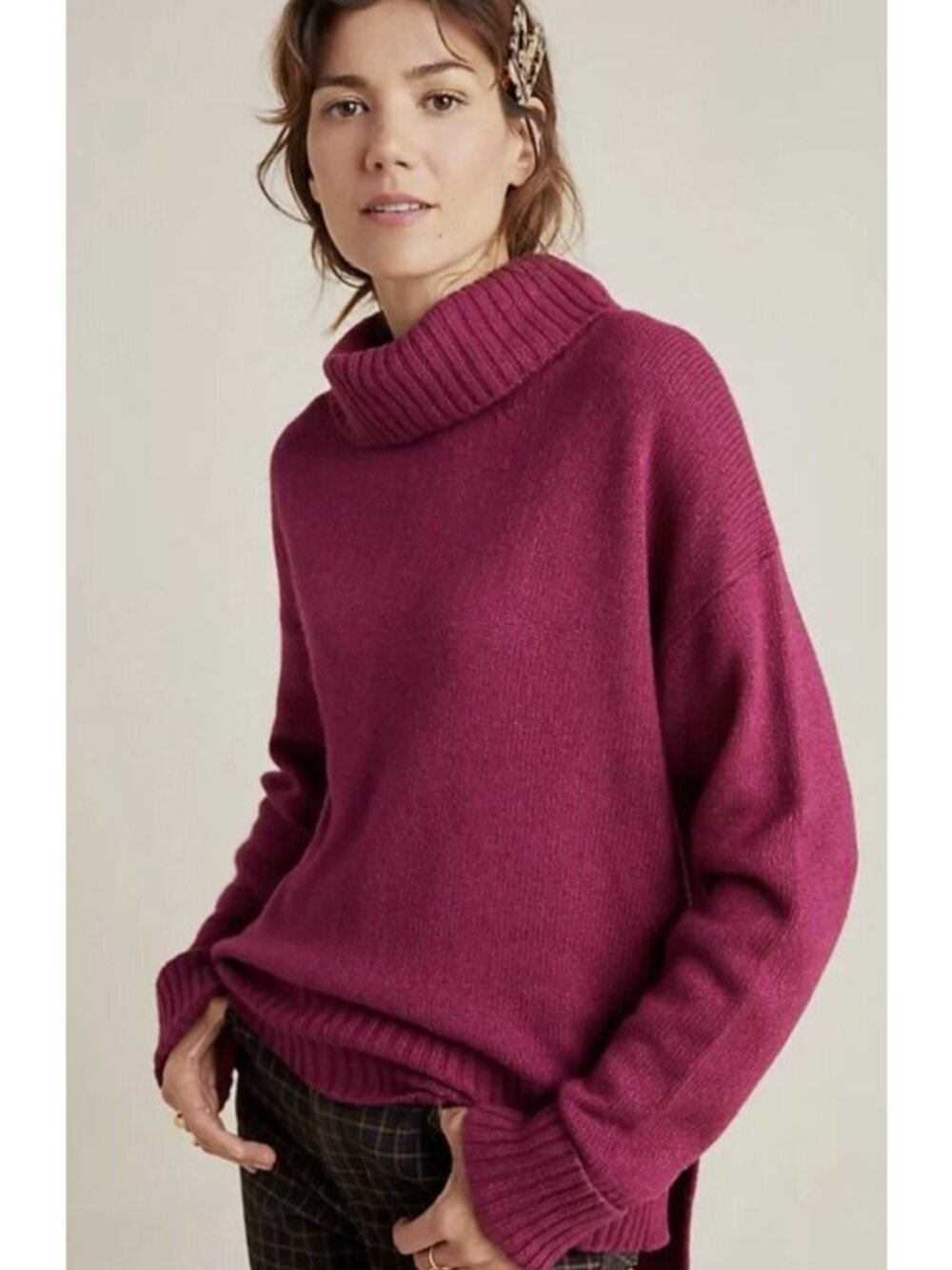 ANTHROPOLOGIE blair turtleneck wool blend oversized sweater in magenta size XS